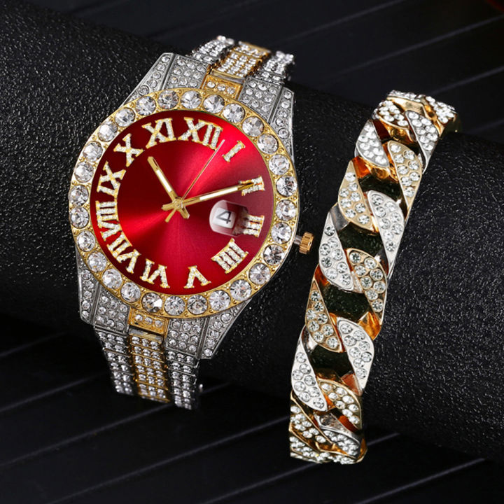 New TEMU Diamond Luxury Steel Belt Quartz Watch   Diamond Hip Hop Cuban Bracelet with Suit Watch