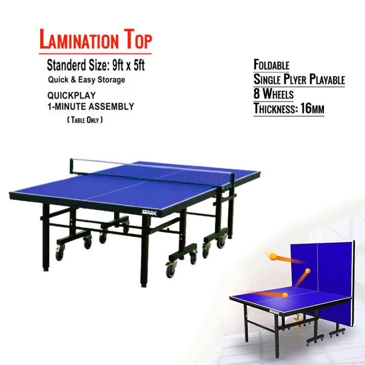 (SNK) Lamination Foldable Tennis Table with Levelers, 8 Wheels (Laminated Top) Butterfly Style Ping Pong Table Quick Assembly, Playback Mode, Space Saving Storage, Tournament Size, Family and Friend Game Room Fun