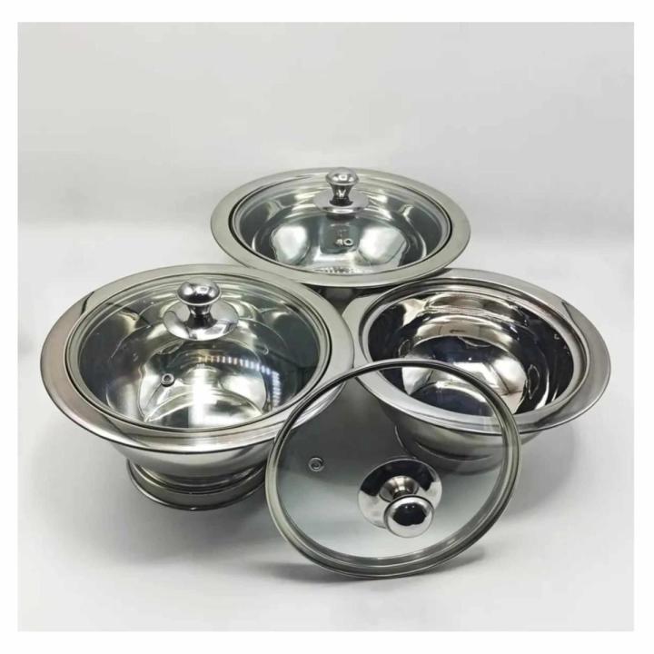 Durable Made Set OF 3 Stainless Steel Glass Lids Curry Serving Dishes Donga Set Salan Donga Set 800ML,900ML,1000ML Silver-Basic Kitchen Gadgets/Accessories