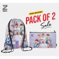 Pack of 2 BTS Drawstring Bag & BTS Pencil Pouch for Girls - Digital Printed On Cloth By Zezo. 