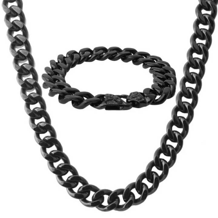 Pack of 2 Black Stainless Steel Cuban Chain / Necklace and Hand / Wrist Bracelet for Men / Boys