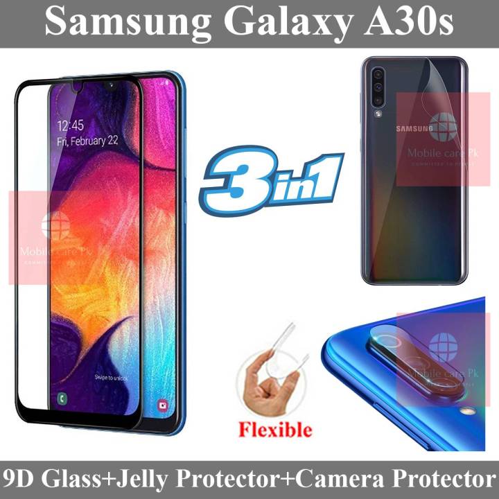 Samsung Galaxy A30s Full Black 9D|5D|6D|10D|11D|21D Tempered Glass Screen Protector Full Glue Edge To Edge + Back Camera 9H Gorilla Flexible Protector + Back Jelly Protector Clear Soft Film Protection For Samsung Galaxy A30s