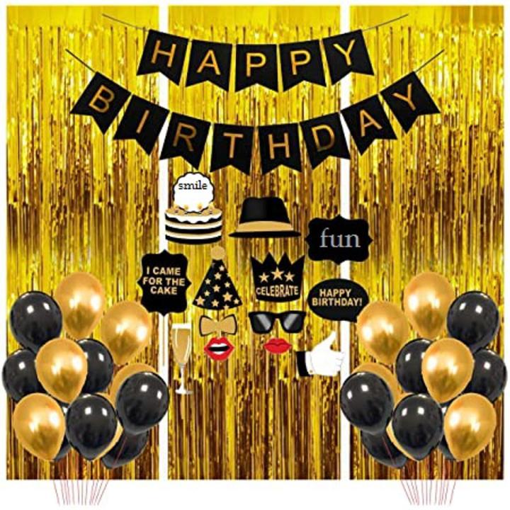Happy Birthday Decoration Set for Birthday Party Celebration Happy Birthday card banner, Foil curtains, Golden and black Balloons Best Happy Birthday Theme Kit for (Boys & Girls)