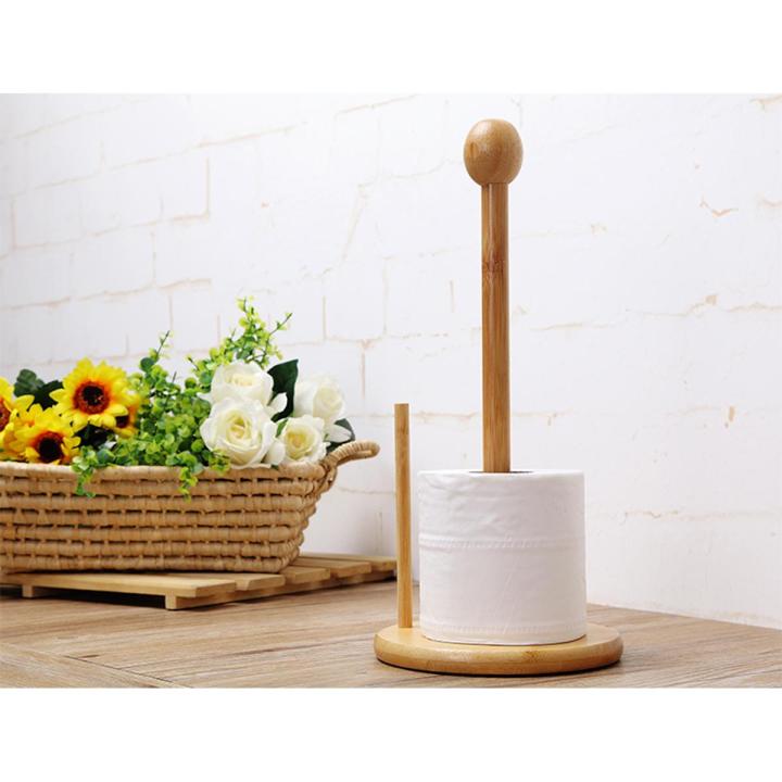 Bamboo Wood Tissue Holder Vertical Roll Pole Paper Towel Holder fof Kitchen/Toilet Freestanding