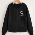 Black Heart Print Fleece Hoodie for Girls and Women Winter Wear. 
