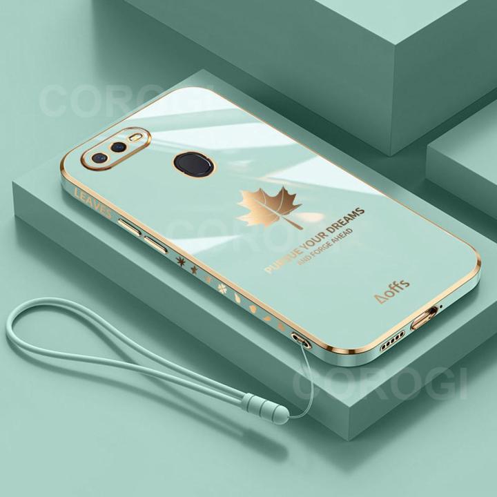 For OPPO F9 / OPPO F9 Pro Back Cover with Lanyard Luxury Shiny Plating Maple Leaf Camera Lens Protection Square Edge Bumper Soft Silicone Protective Phone Case