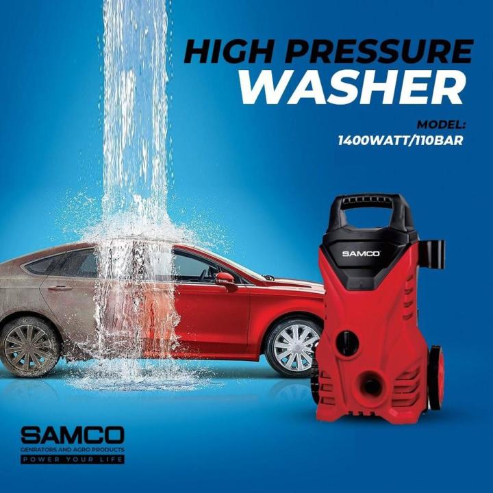 SAMCO Latest Pressure Washer 110 Bar 1400 Watts - Self Priming - with Shampoo Dispenser Bottle n Wheels
