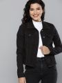 CLOTHING   HERE NOW Women Black Solid Denim Jacket. 
