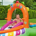 Bestway 53117 Sing N Splash Inflatable Kids Water Play Center The Pool Floor Has An Inflatable Landing Cushion For Extra Comfort When Kids Slide Down A Sprinkler That Soaks Both Kids And The Slide, And It Also Has A Fun Ring Toss Game For Kids To Play. 