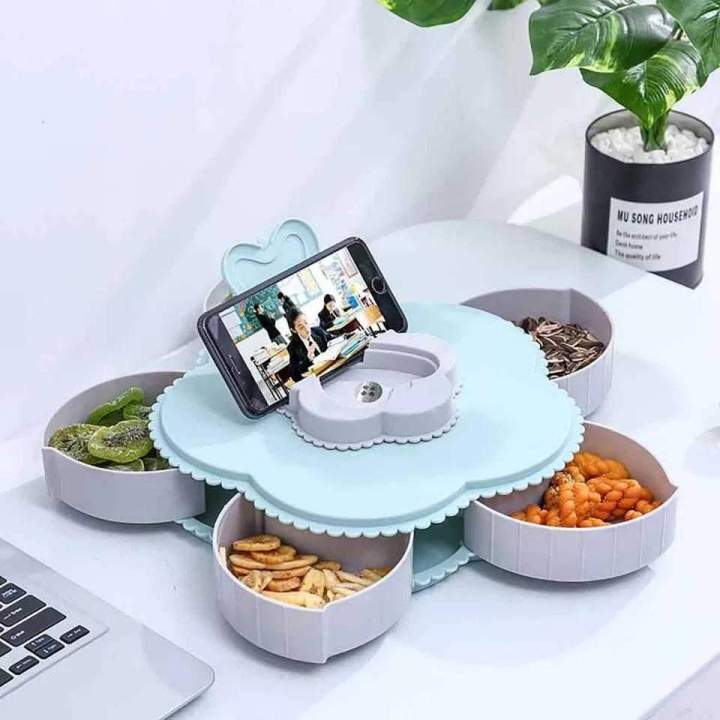 Multi-Function Creative Dried Fruit Plate Rotating Candy Box Candy Storage Box Flower Petal Shaped Wedding Decoration Home Decor Snacks Candy Tray