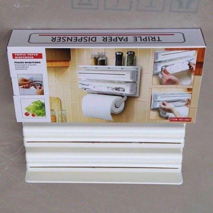 3 In 1 Kitchen Triple Paper Roll Dispenser & Holder For Tissue Paper Roll, Aluminum Foil And Plastic Wrapping Film/Cling Film Triple Paper Dispenser | 3 in 1 Foil Cling Film Tissue Paper Roll Holder for Kitchen with | Kitchen Triple Paper Roll Dispenser &
