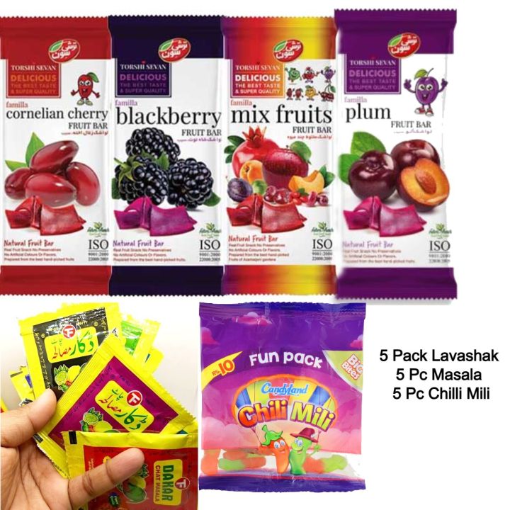 5 Lavashak + 5 Pc Chili mili + 5 Pc Dakar Churan / lavashak Box Ready To Eat / Lavashak Box Imli / Fruity Bar / Fruity Bar Imli Lavashak Fruit Roll