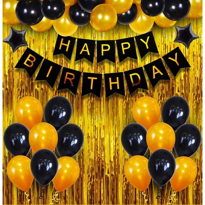 Happy Birthday Banner Decoration Kit - 44Pcs Set for Boys Husband Balloons Decorations Items Combo with Metallic Balloons and Foil Curtain