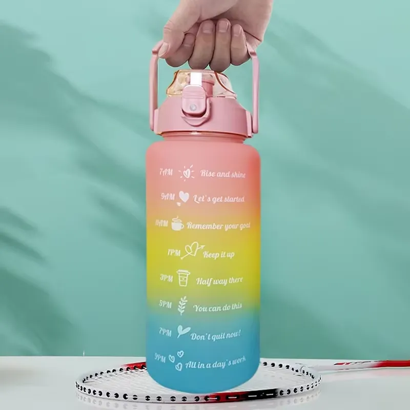 2000ml Sports Water Bottle With Straw & Time Marker - Leak Proof, Gradient Color, With Phone Holder Handle - View #3