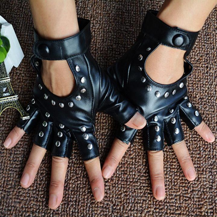 【HOT】 1 Pair Halloween Black Pu Leather Fingerless Gloves Female Half Finger Driving Women Fashion Punk Gloves Dance Rivets Gloves