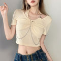 Women Cropped Tops, Short Sleeve Solid Color Metal Chain Casual Party Street Daily Spring Summer Short Shirt. 