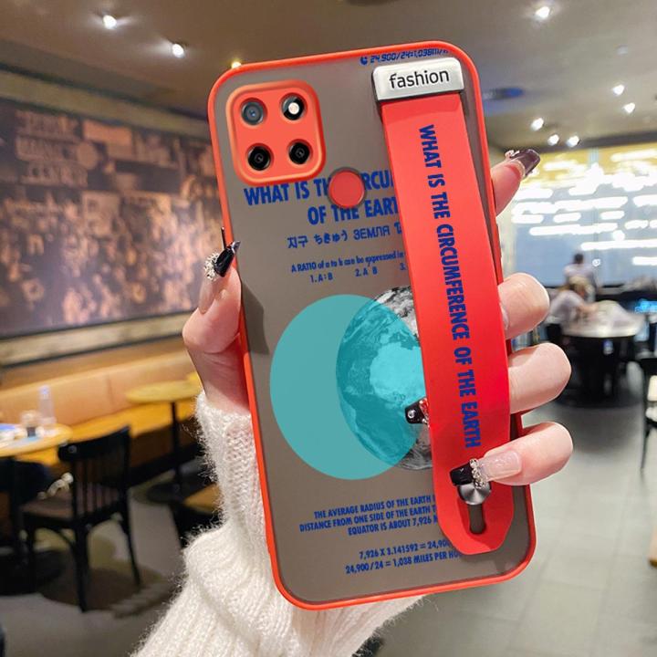 JIUMOO for Realme Narzo 30A Case With Wristband Thin Frosted Transparent Hard Full Cover Camera Silicone Softcase Fashion Tide Words Pattern Casing Shockproof Protection Cases