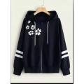New Black Side Flower Sleeves Stripe Printed Hoodie Zipper For Girls and Women. 