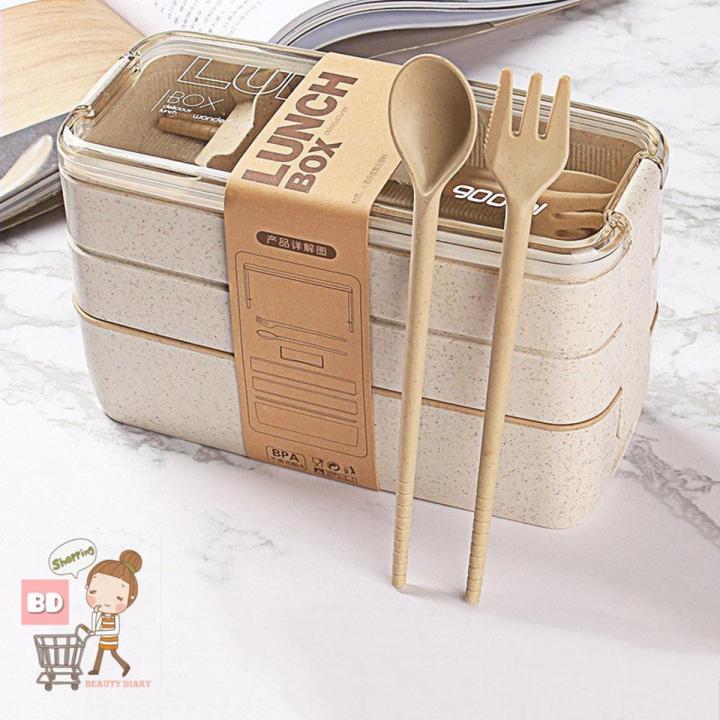 【Footprint】 Japanese 3 Layer Wheat Straw 900ML Lunch Box Portable Picnic Food Fruit Container Storage Box Wheat Plastick Travel Eco-Friendly School Office With Spoon And Fork Tableware Bento Box