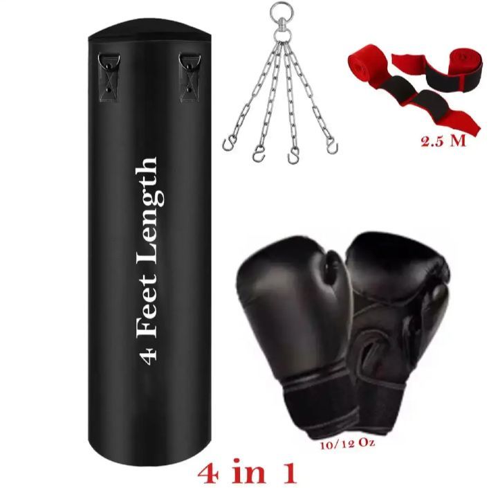 Boxing Bag with chain Boxing Gloves and Hand bandages Wraps Boxing Kit Full Set Punching Bag for Men Girls Adults Length 3 feet and 4 Feet