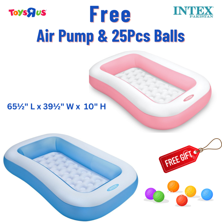 INTEX Pink & Sky Blue Rectangular Baby Pool with Soft Floor With Pump & 10Pcs Balls ( 65.5" L x 39.5" W x 11" H ) 58423 Intex baby pool