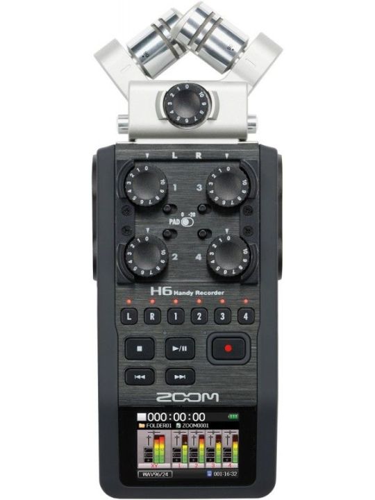 Zoom H6 All Black 6-Track Portable Recorder, Stereo Microphones, 4 XLR/TRS Inputs, Records to SD Card, USB Audio Interface, Battery Powered, Podcasting and Music
