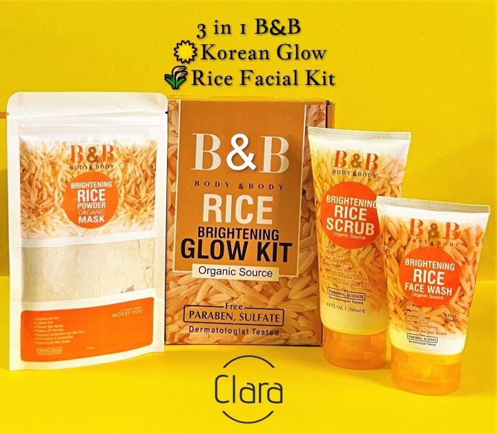 B&B Rice Facial Kit 3 In 1 Organic Brightening Glow Korean Face Scrub ...