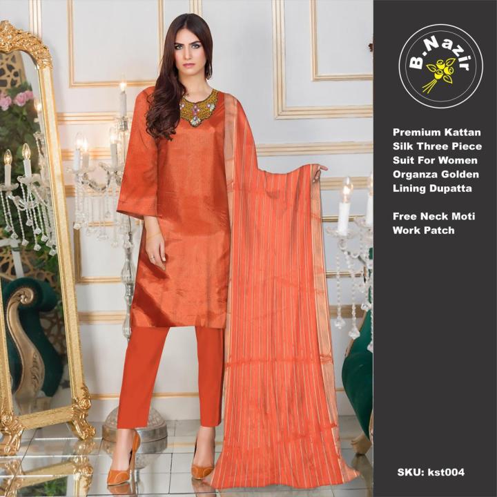 Fancy Women Katan Silk 3P Party Wear Suit with Organza Lining Dupatta