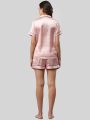 Pink Solid Color Satin Silk Shirt & Shorts Nightsuit For Women. AF-038PNK. 