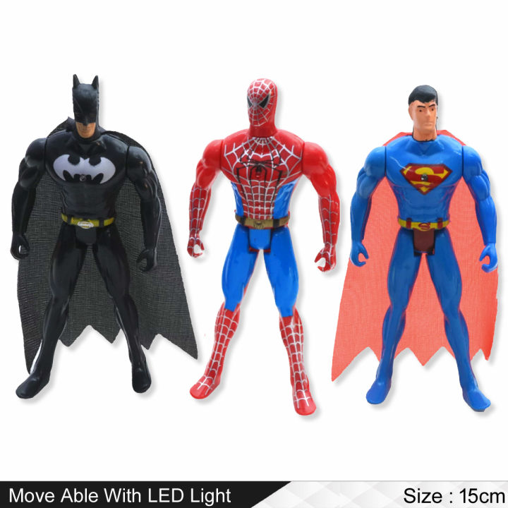 3 Pcs Set - Marvel Avengers and DC Superhero Action Figures Toys For Kids and Boys - Spiderman Superman Batman - Movable With Led Light - Size 15cm