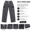 Grey Baggy Cargo Jeans Acid Wash for Men & Boys – Loose Fit Multi-Pocket Denim Trousers. 