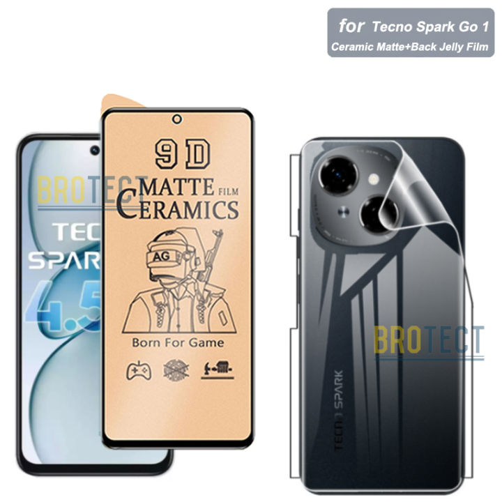 Pack of 2 - Tecno Spark Go 1 Ceramic Matte Film + Back Jelly Protector Soft Skin Vinyl Lamination wrap paper clear & 9D 21D 100D Screen Protector Best For Gaming PUBG Players PLastic Unbreakable Soft Sheet For tecno sparkgo one - semi Transparent