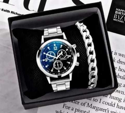 BUISNESS WATCH CLASSIC LUXURY ROUND DILE STEEL STRAPS WITH SILVER HAND/WRIST BRACELT CHAIN FOR BOYS MENS