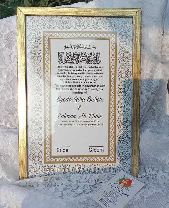 Nikkah certificate with frame wedding accessories and gifts