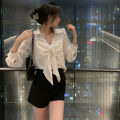 bellylady Puff Sleeve Shirts Large Bow Design Blouse, Slim Fit Lapel Colar Bottoming Shirt, Sweet Style Casual Long-sleeved Tops. 