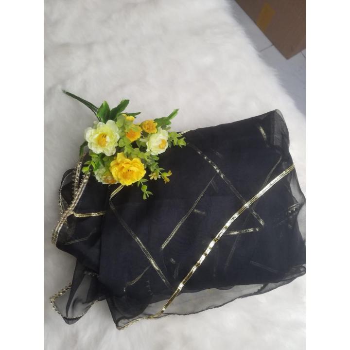 Dupatta Lace Net Dupatta Net Fabric - Black - For Women Dyeable With Golden Lining And Border -  Net Dupatta for Girls / Ladies & Women - Chunri - Stole - Scarf