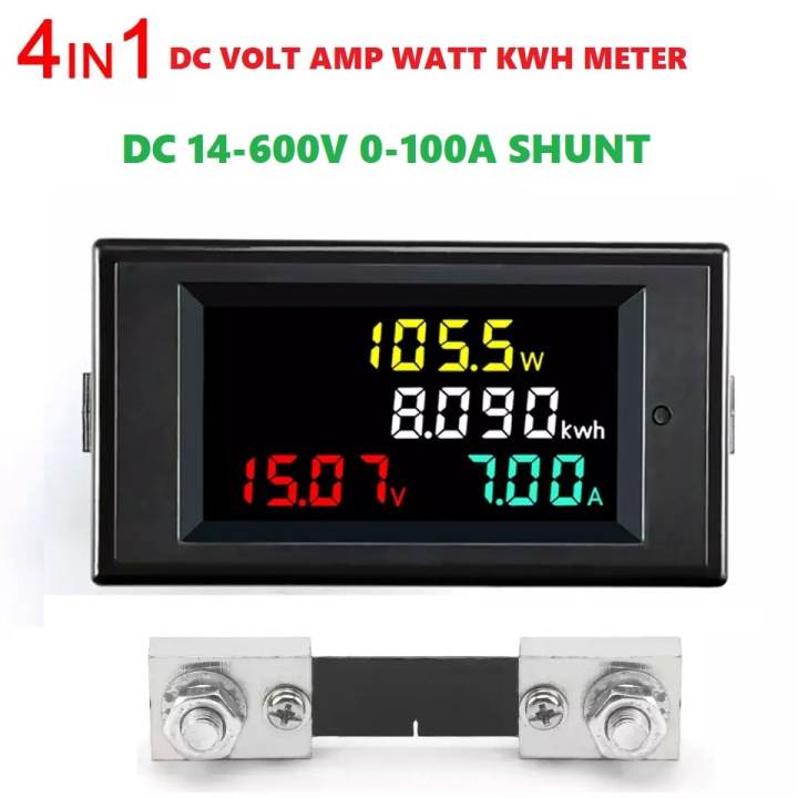 4 in 1 Digital LCD Solar Volt Amp Watt Energy Meter DC Voltmeter Ammeter with Shunt DC Power Meter DC 14.00-600.0V 0-100A