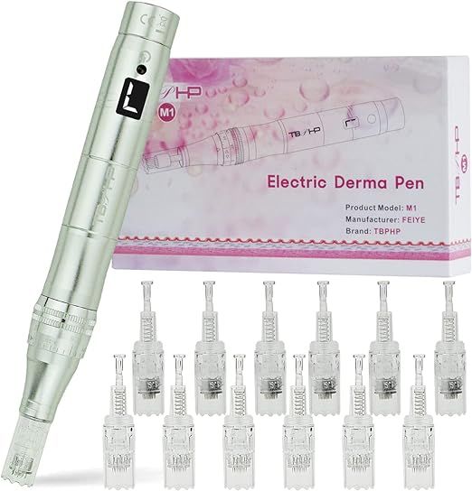 TBPHP Dermapen M1 Upgraded Electric Wireless Beauty Pen LCD Screen with 12 Replacement Cartridges (Silver)