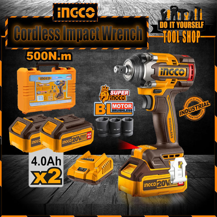 Ingco Original 20V Lithium-Ion Cordless 500N.m Impact Wrench with 2 Pcs 4.0Ah Batteries with Charger