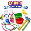 Kolachipets 8 in 1 Bird Cage Accessories Combo Pack | Bird Feeding Pots Water Dispensers Swings Perches Set | Budgie Lovebird Finch Canary Australian Parrot Cage Accessories Kit | Plastic Bird Feeder Toy Cage Setup. 