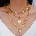 Lady Neck Jewelry Golden Luster Thick Hollow Chain Lock Pendant Necklace Exaggerated Hip Hop Style Club Jewelry for Women Necklace Set. 