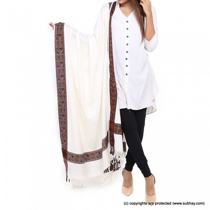 Woman White Winter Shawl Bast Quality Kashmiri wool Shawl 4 Boder Design beautifully white shawl for girl