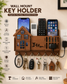 3D Home Decorative Wooden Organizer- 3D Wooden Phone Stand with Key Hooks - 3D Wooden Mobile Stand for 3 Phones - Wooden Holder for Phone, Keys, and Accessories - Wooden Organizer with 7 Steel hooks Tasbeeh Holder Remote Cover Rack Mobile Charger Holder. 