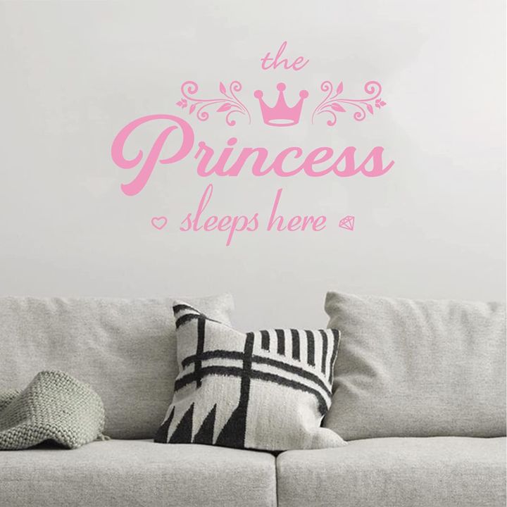 WallsArt Store Crown Diamond Wall Decals Princess Sleep Here Wall Stickers Removable DIY Mural Art Words With Flower Quotes Vinyl Stickers for Kids Bedroom Living Room Nursery Home Background Decoration