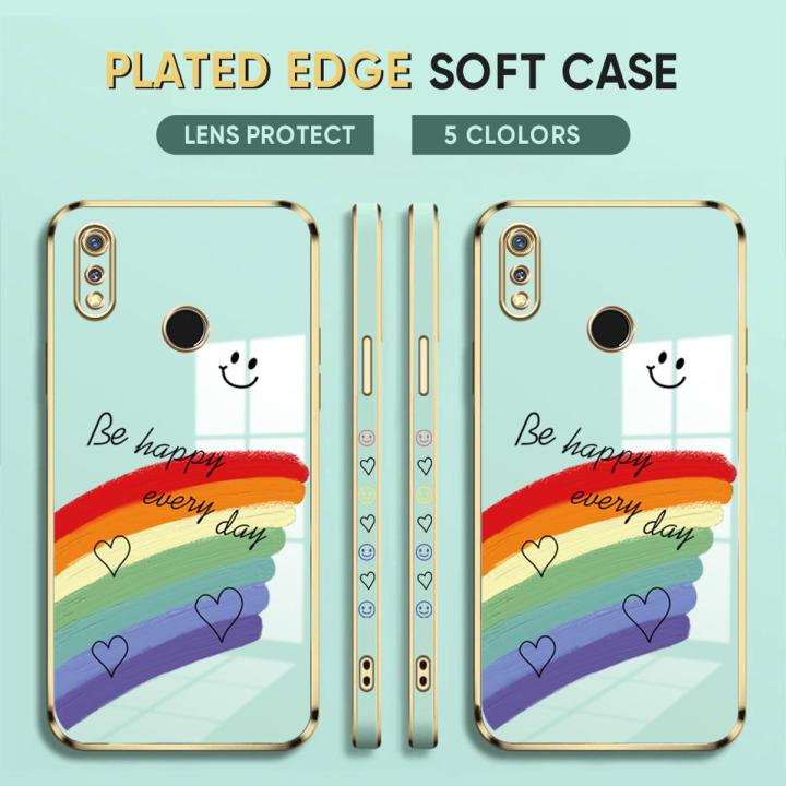 (Free Lanyard) Luxury 6D Plating Case for Realme 3 Back Cover Cartoon Rainbow Side Pattern Soft Silicone Square Phone Cases