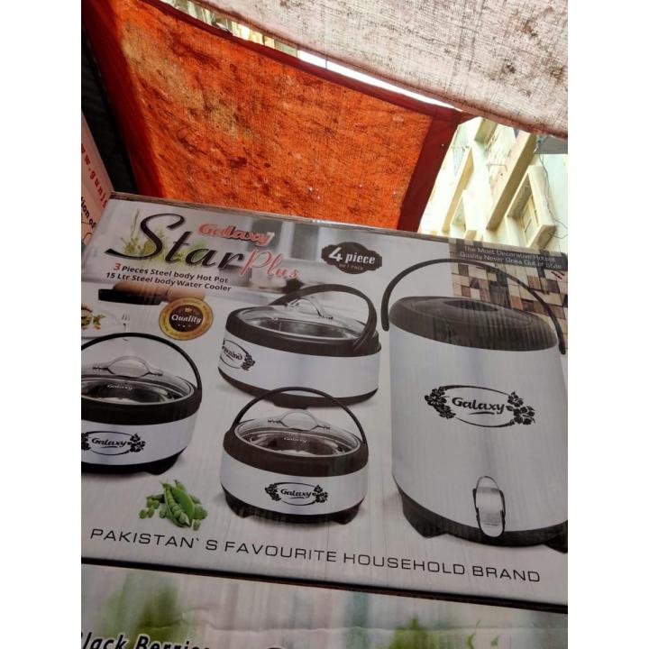 Galaxy Pakistan's Favorite Brand Star plus Stainless Steel 4 Pcs Cookware Set 3 Hotpots With Water Cooler