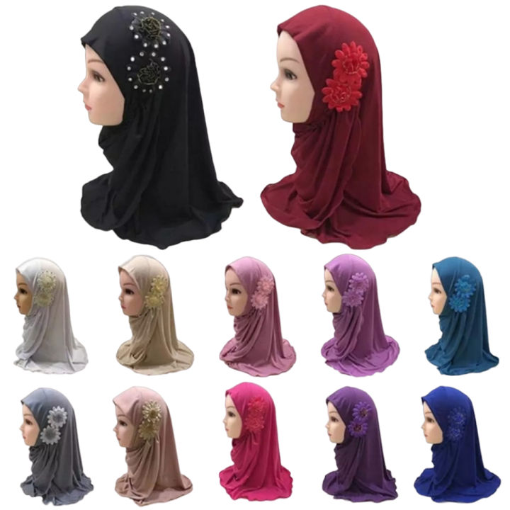 Rendom Colors Muslim Kids Girls Hijab Islamic Headscarf Diamontes Flower Scarf One Piece Children Full Cover Makna Wrap Cover