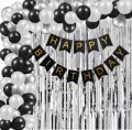 Happy Birthday Decoration Set Theme ( Black, Gold, Silver, Pink, White, Silver), Latex Ballooons, Confetti Balloons, Back Curtain Black & Gold, Best For Happy Birthday Decoration Combo Kit. 