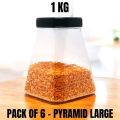 PYRAMID JAR PACK OF 6 JARS FOR KITCHEN PLASTIC STORAGE BOX BURNI ORGANIZER MASALA JAR SET CONTAINER RACK CANDY FOOD GRADE BPA FREE PURE PET MATERIAL FOR DAAL ACHAR SALT SUGAR CANDIES. 