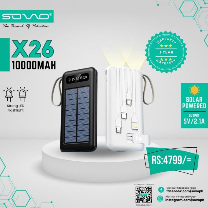SOVO X26 Power Bank - 10000  mAh Power Bank - Super-Fast Charging Power Bank - Solar Charging - Strong LED Flashlight - 1 Year Official Warranty - Compatible With iOS And Android Devices
